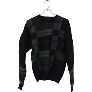 Club Room Pullover Sweater Gray Plaid Mens Medium Shetland Pure Wool Long Sleeve